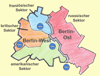 Berlin war von 1945 bis 1990 in vier Sektoren geteilt und von den USA, Großbritannien, Frankreich und der Sowjetunion besetzt.