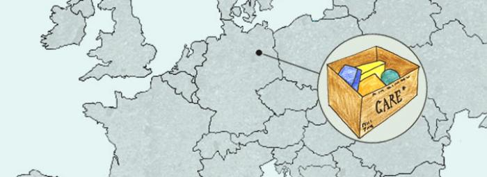 Mapa Europy z Berlinem. Paczka CARE z amerykańską żywnością