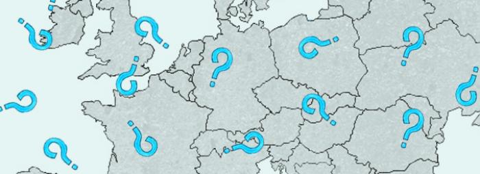 Carte de l'Europe avec des points d'interrogation 
