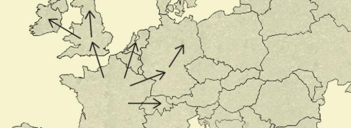 Carte de l'Europe avec les destinations des huguenots
