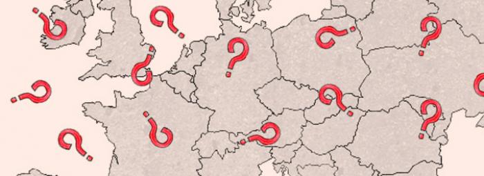 Carte de l'Europe avec des points d'interrogation pour le quiz