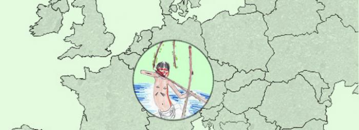Europakarte mit einem Indianer aus dem Regenwald Brasiliens