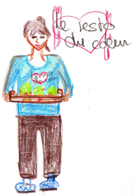 Zeichnung, Frau mit einem Menü auf einem Tablett