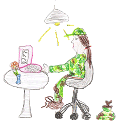 dessin d'une femme officier assise à l'ordinateur