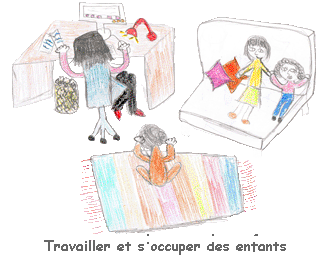 dessin d'une femme active avec ses enfants