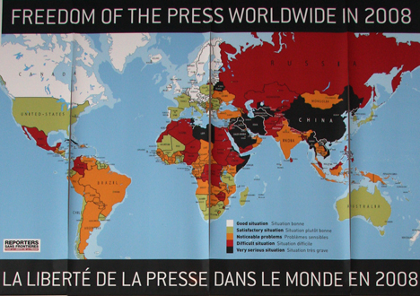 La liberté de la presse dans le monde en 2008, carte définissant les différents degrés de situation 