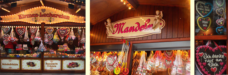 Fruits confits ou candis, curs en pain d'pices, gteaux  la broche (Baumkuchen), amandes grilles.